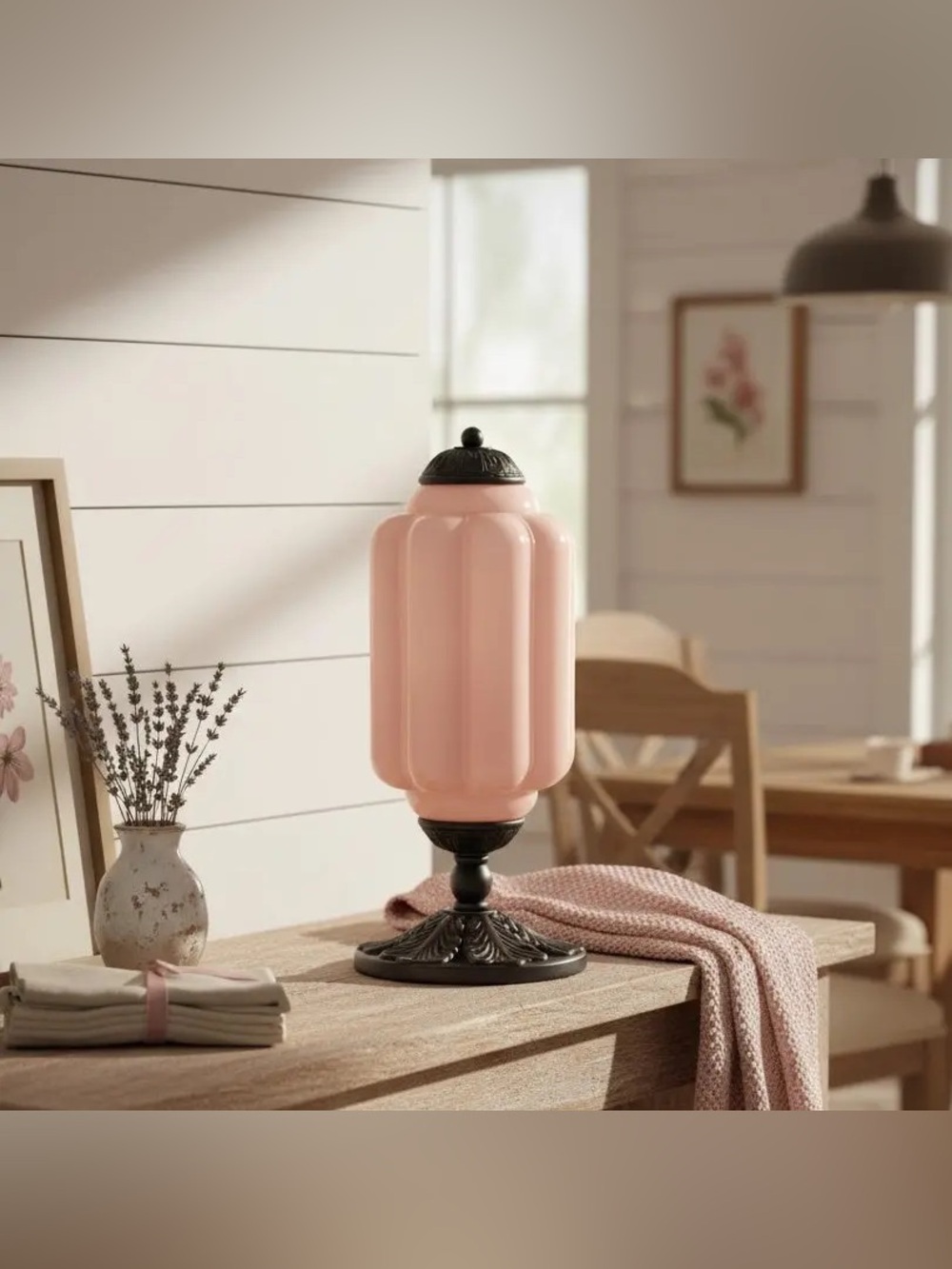 Anthropologie The Eloise Scallop Milk Glass Table Lamp Pink/Black NIB Corded